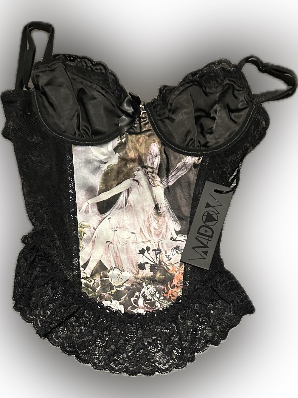 Widow Black Lace Bustier with Fairy Print